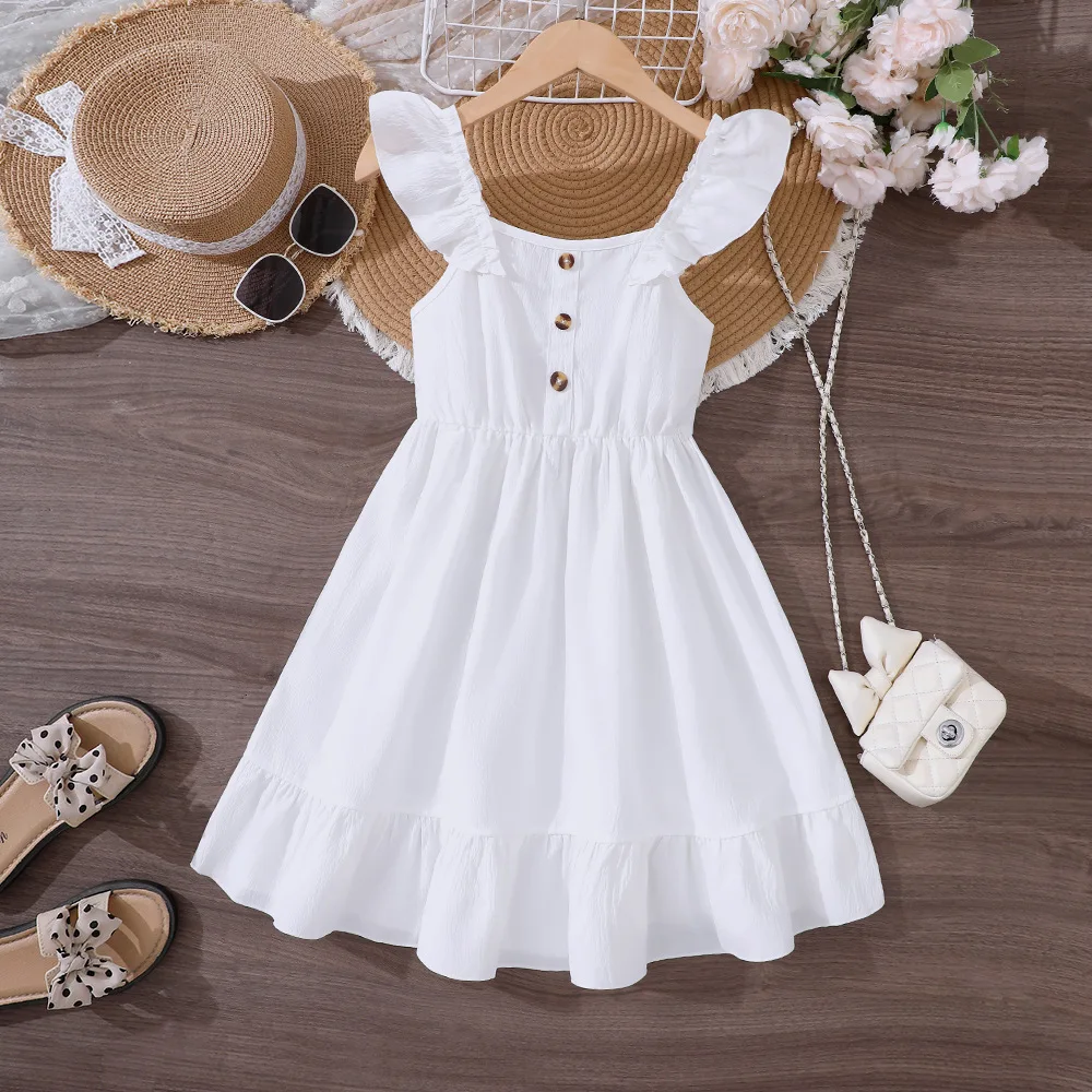 

Summer 2025 New Arrivals Girls Sleeveless Ruffles White Cute Infantil Menina Cute Party Dress Custume 8-12T