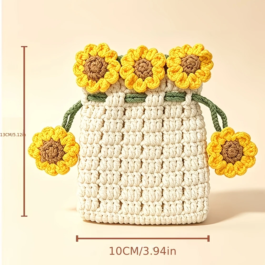 Handwoven Sunflower Hanging Organizer Pouch, Multi-Closure Fabric Storage with Sunflower Shape & Tie Closure,  1 pc
