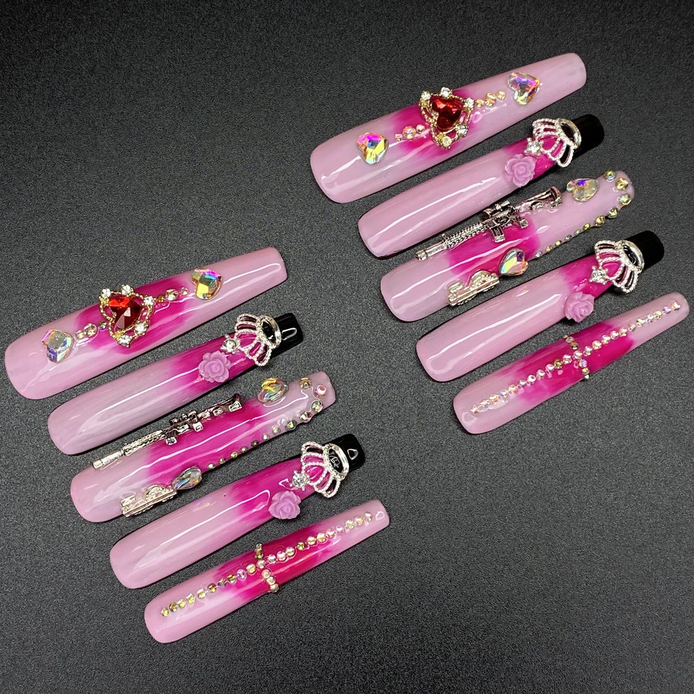 10PCS Charm Luxurious Ballerina Coffin Hand Paint Nails Art Exclusive Design 55mm Covered Decoration Handmade Nails Press On