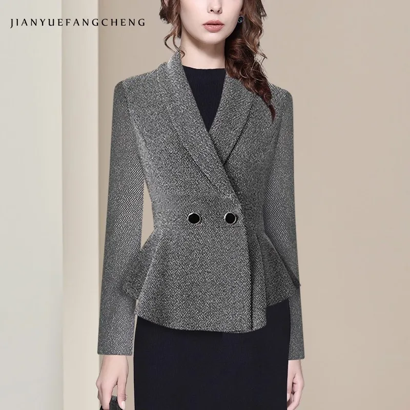 

Женский короткий стильный шерстяной серый пиджак с баской, элегантный костюм с воротником на двух пуговицах, офисная осенне-зимняя куртка, топ