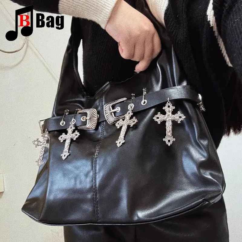 Y2K Gothic Women’s Girls subculture Handbags Harajuku Versatile One Shoulder Chain cross Method Stick high-capacity Bag Totes