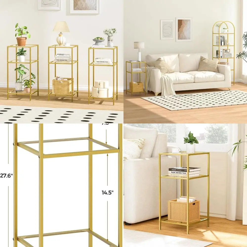 

Pair of 3-Tier Glass End Tables with Storage Shelves, Slim Side Tables for Living Room and Bedroom, Golden Finish