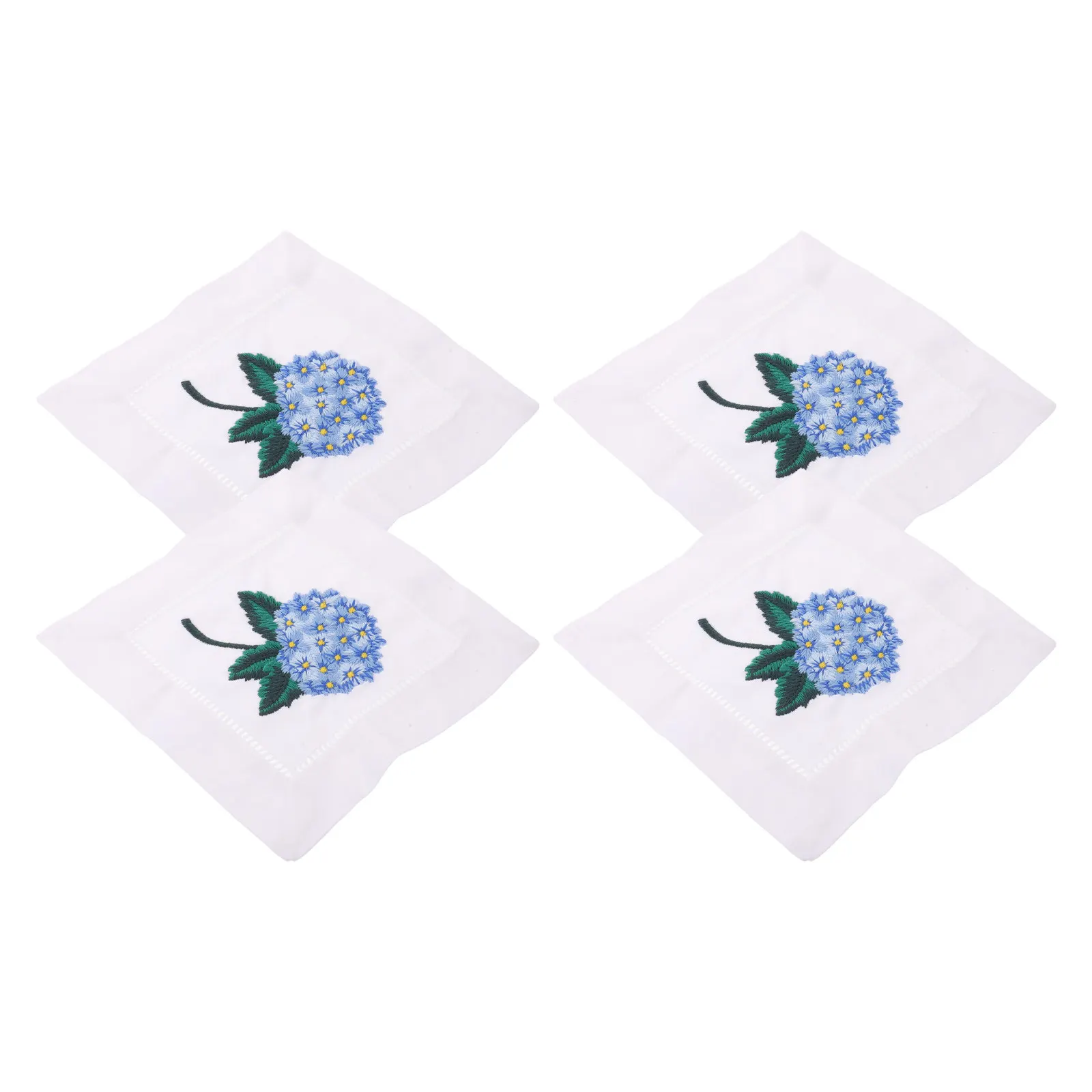 4Pcs Embroidered Cocktail Napkins Hemstitched Linen Cloth Blue Hydrangea Floral Square Birthday Party Wedding Tea Party Reusable