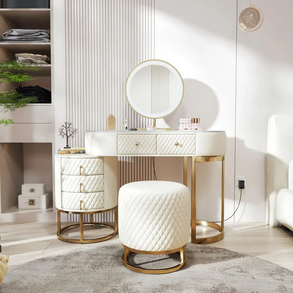 Faux Leather Makeup Vanity Desk with HD Mirror and 3 Colors Lights Mode, Movable Side Cabinet, Women Dressing Table with 5 Draw