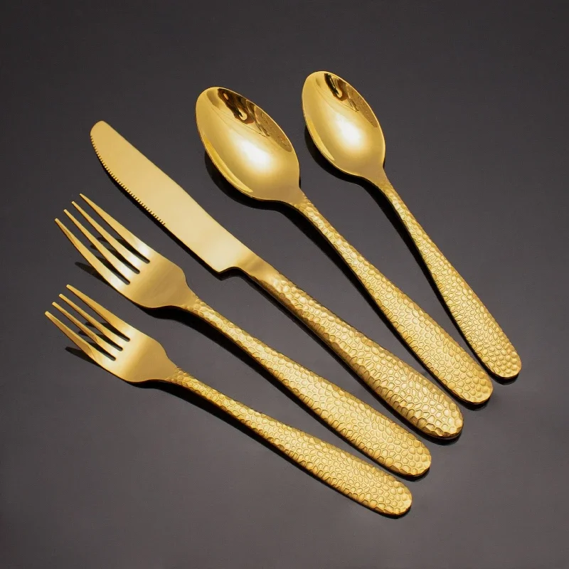 Round Handle Hammer Pattern Stainless Steel Knife Fork Spoon Set Steak Hotel Restaurant Western Dining Tableware