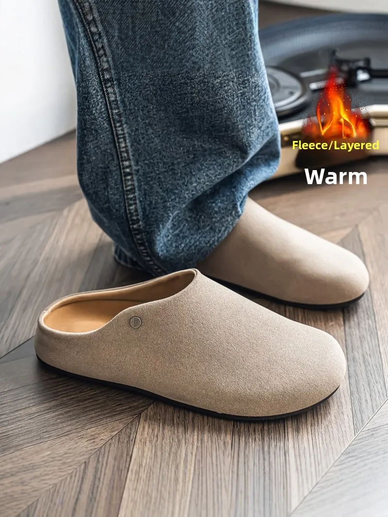 

Men's Winter Fleece Lined Cotton Shoes Thick Bottom Anti Slip Casual Work Shoes Trendy Slip on Half Slippers Breathable round...