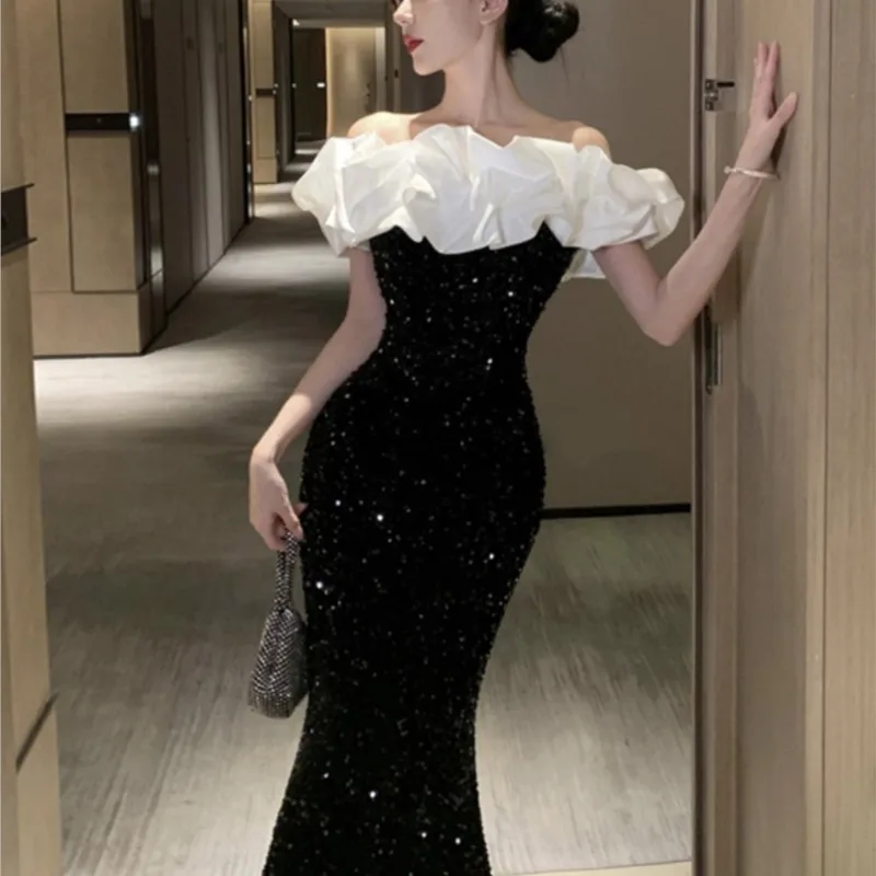 One-shoulder long sequined velvet party dress