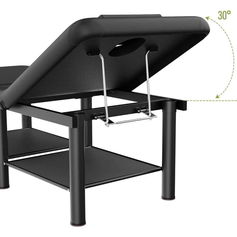 طاولة تدليك ثابتة قابلة للطي - طاولة معالجة مع مسند ظهر قابل للتعديل ومساحة تخزين كبيرة، طاولة تدليك واسعة