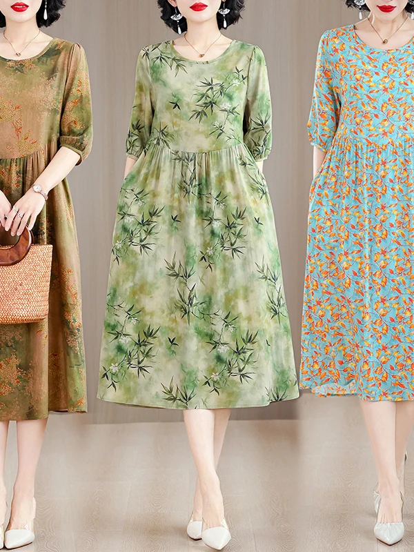 A-ligne Midi coton soie Dr femmes ample été imprimé haut de gamme sentiment maman ventre couvrant minceur Princ robe