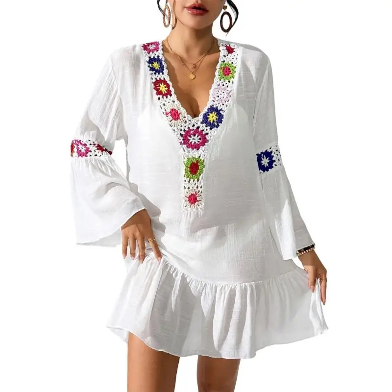 X5XA Flower Embroidered V Neck Beach Dress Crochet Lace Ruffled Swimsuit Coverup