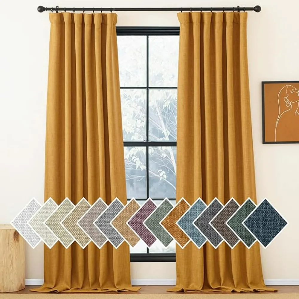 

Faux Linen Room Darkening Gold Brown Curtains for Living Room 2 Panels Set, Pinch Pleated Noise Reducing Thermal W50 x L84 inch