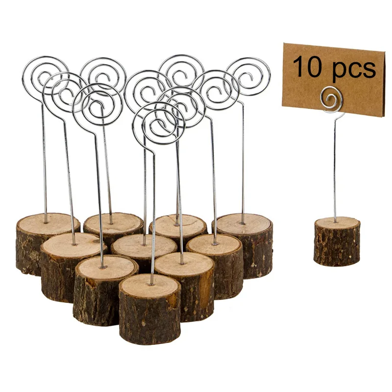 

10Pcs Rustic Table Place Card Holders with Swirl Wire Wooden Bark Memo Holder Stand Photo Picture Note Clip Wedding Party Decor