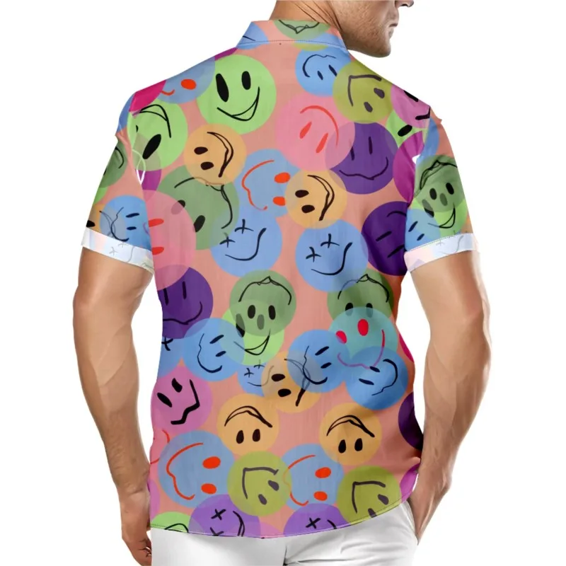 Men's Hawaiian Smile Faces Print Chest Pocket Polyester Shirt Casual Daily Beach Short Sleeve Shirt Clothing Tops