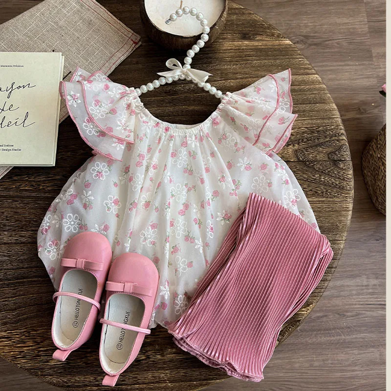 Summer Girls\' Clothing Sets Baby Sweet Flying Sleeve Floral Doll Shirt Top+Striped Mosquito Resistant Pants Elegant Kids Clothes