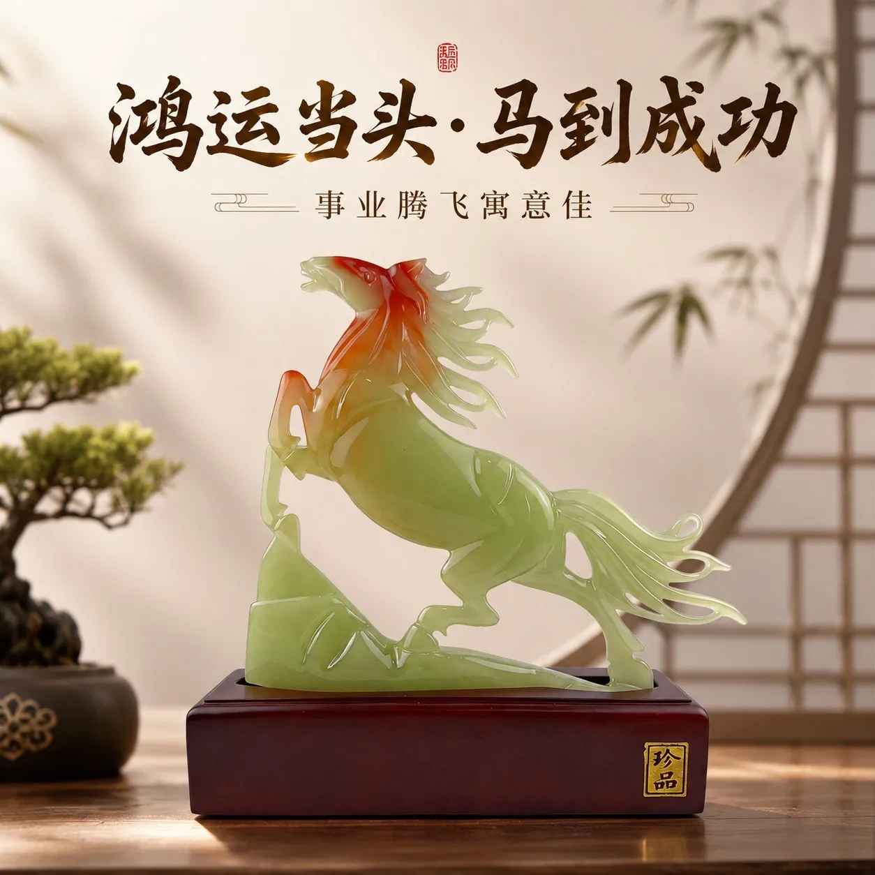 DSA Hongyun Dangtou imitation jade ornament resin imitation mahogany base to success handicraft enterprise opening gift