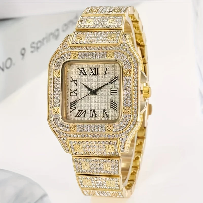 Men\'s Fashion Hip Hop Rhinestone Steel Band Quartz Watch