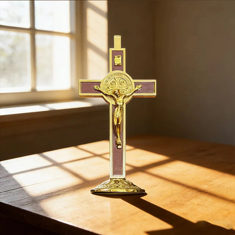 

New Two-Tone Standing Catholic Crucifix with Ornate Gold Base and Saint Benedict Medallion for Clergy Use and Devotional Rituals