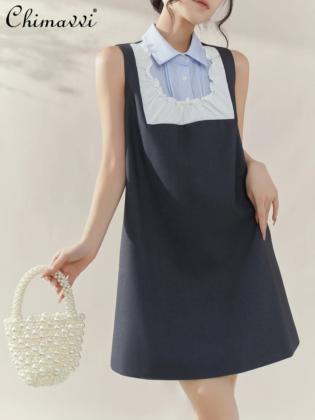 

French Elegant Sweet Preppy Style Splicing Striped Polo Collar Sleeveless High Waist A-line Temperament Short Dress Women Summer