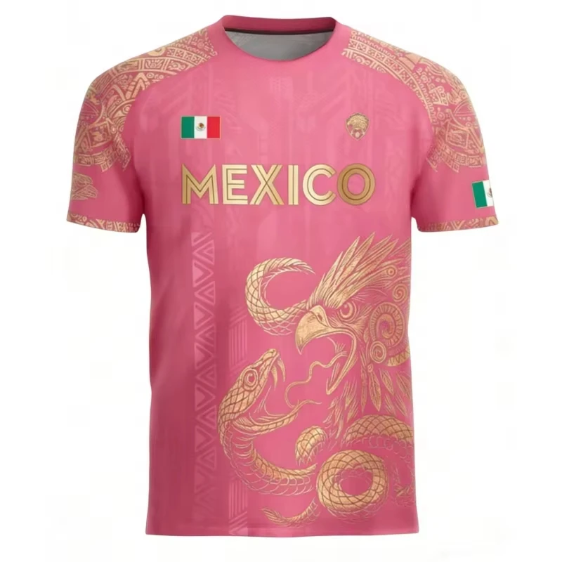 2026 New Mexican Flag Printed Men's T-shirt Fun 3D Eagle Pattern Short Sleeve Outdoor Football Sports Casual Fierce Man Pink Top