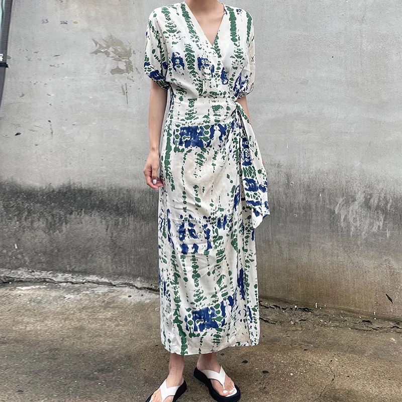 시크한 여름 빈티지 브이넥 플로럴 프린트 원피스 벨트 슬림핏 반팔 드레스 한국 스타일 하이웨이스트 롱 드레스
