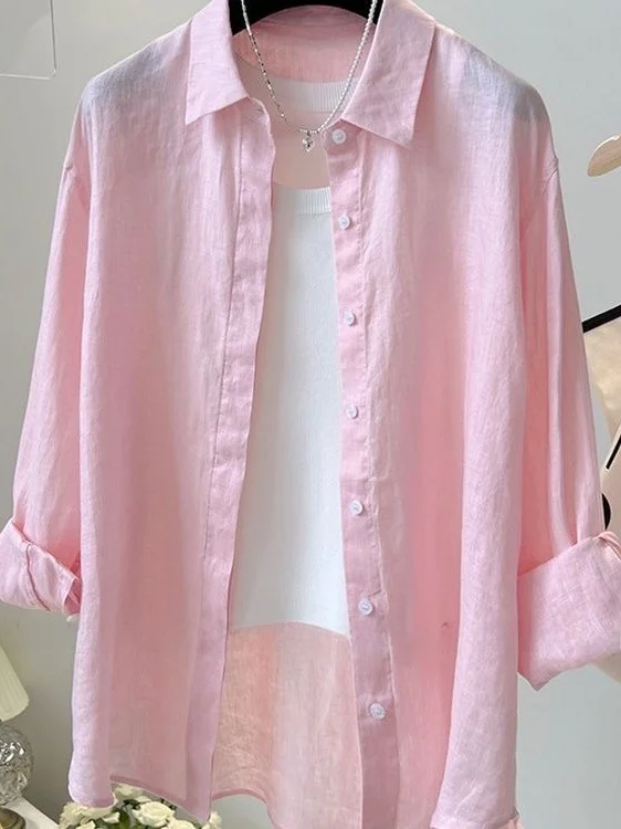 

Pink Sun Protection irt Women's Loose Slimming Versatile Cotton Linen irt Summer New Sle Commute Sle Long Sve ...
