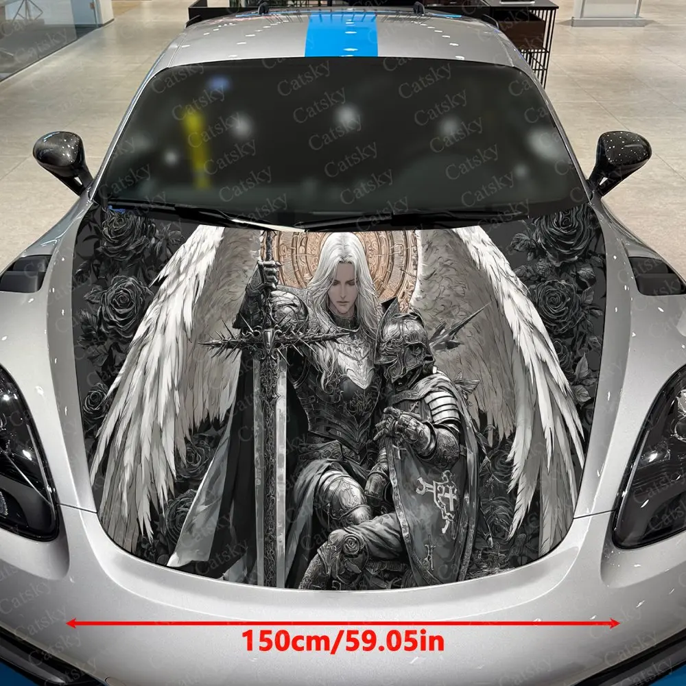 Cross Holy Winged Knight Car Vinyl Wrap, PVC Waterproof Car Hood Sticker, Self-Adhesive Scratch-Resistant Stickers