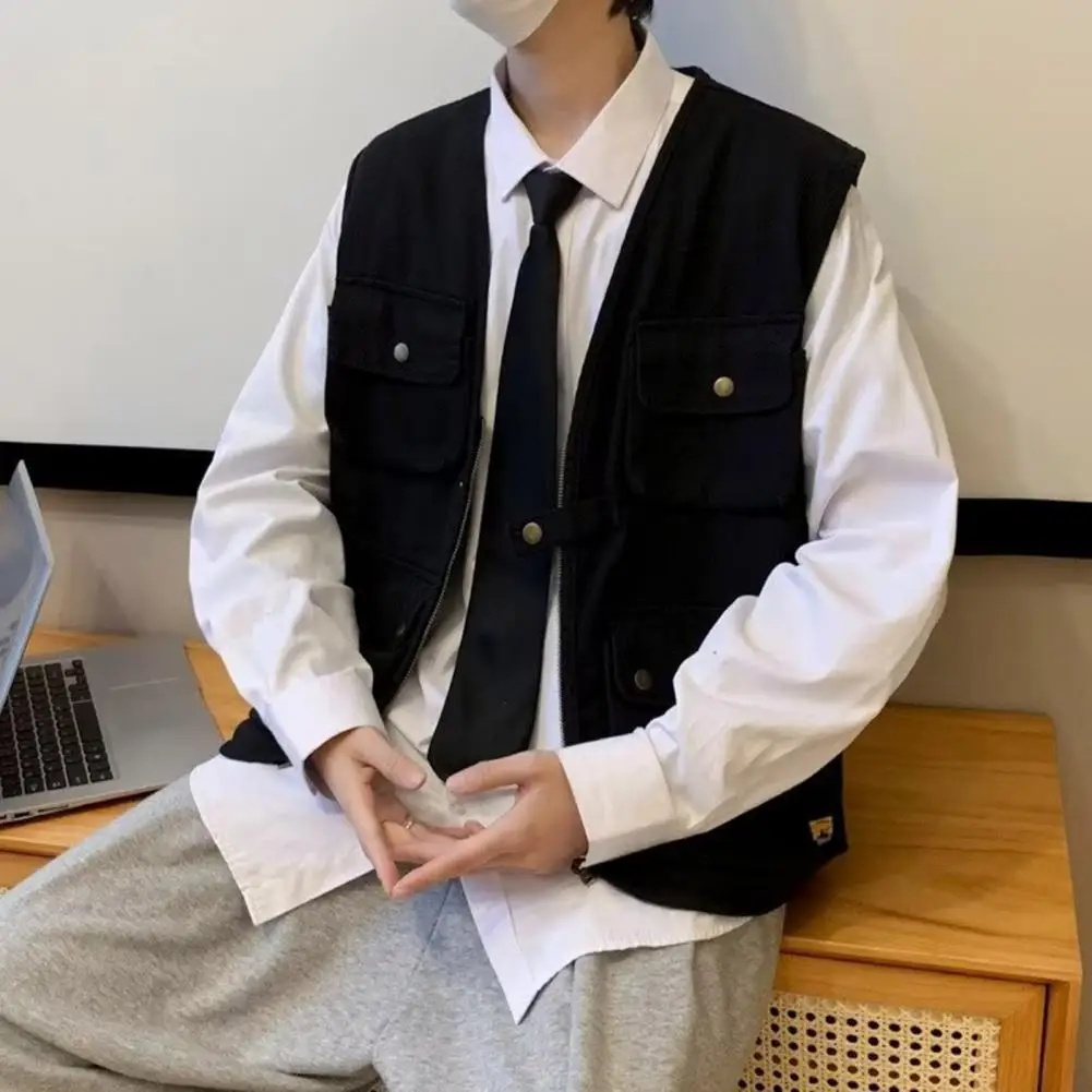 

Men Vest Loose Fit Sleeveless V Neck Multi-pocket Zipper Outerwear Solid Color Outdoor Sport Male Waistcoat Coat for Daily Wear