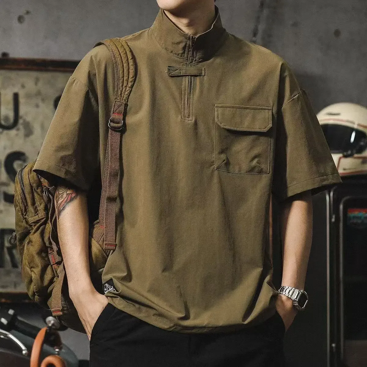 Olive Green Short Sleeve Polo Shirt with Stand Collar and Chest Pocket Loose Fit Men Casual Safari Style Top