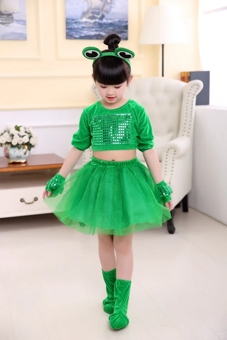 어린이 작은 개구리 공연 의상 녹색 긴팔 동물 의류 소년과 소녀를위한 스팽글 투투 스커트 투투 스커트