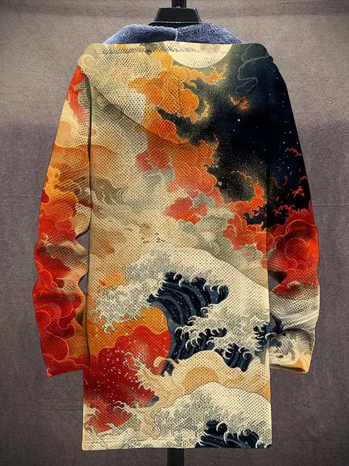 Vintage Art Coloured Seawater Unisex Plush Thick Long-Sleeved Sweater Cardigan Coat Men's Thick Warm Jacket
