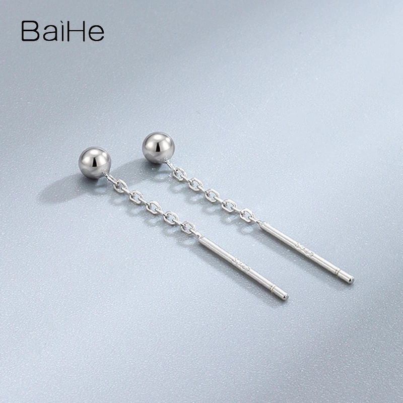 BAIHE Solid 14K White/Yellow/Rose Gold Round Ear line Long Earrings for Women Wedding Engagement Gift Trendy Fine Jewelry Making