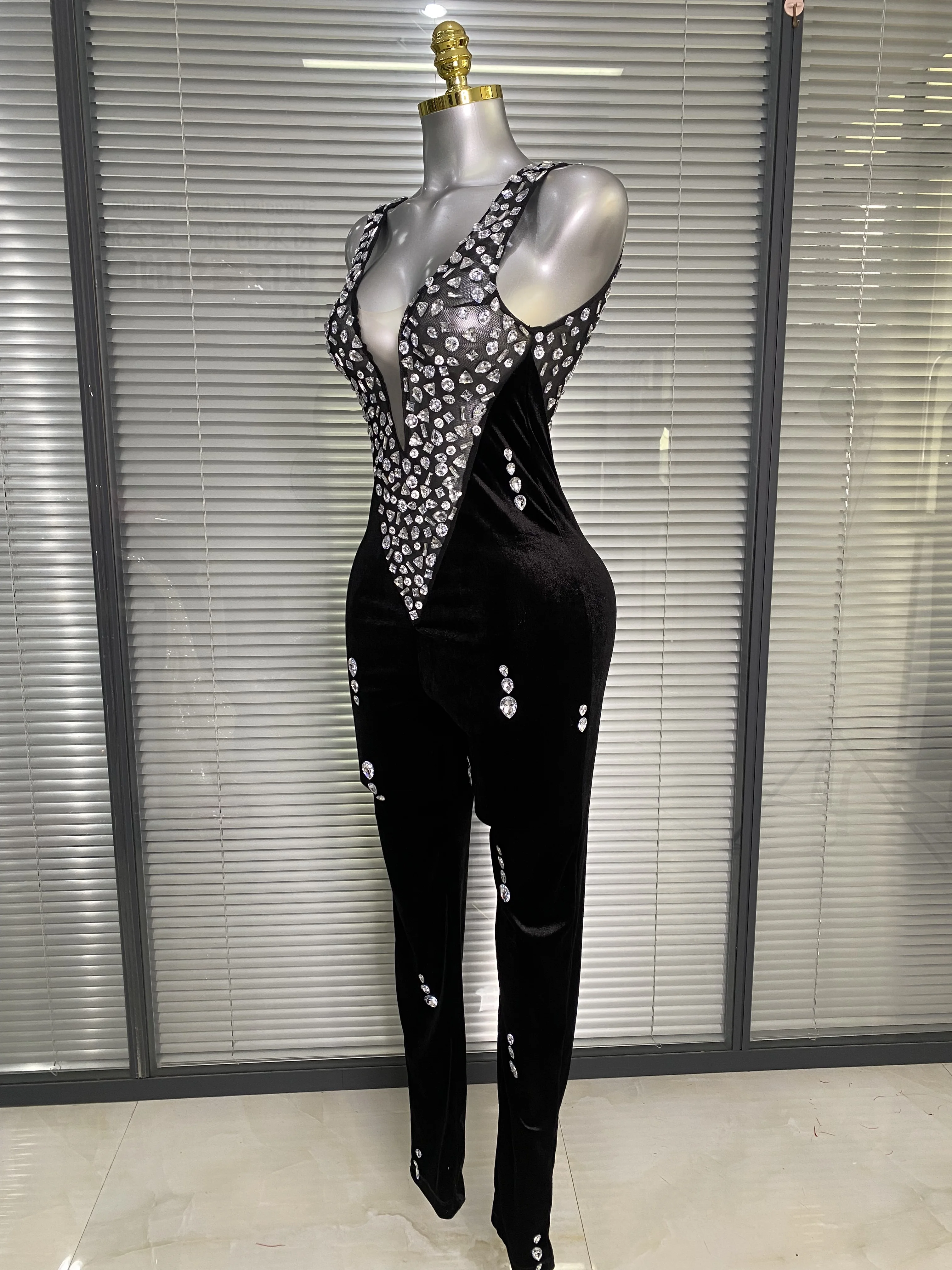 Women Sexy Sparkly Crystals Black Tight Long Sleeve Jumpsuit Birthday Party Nightclub Performance Costume