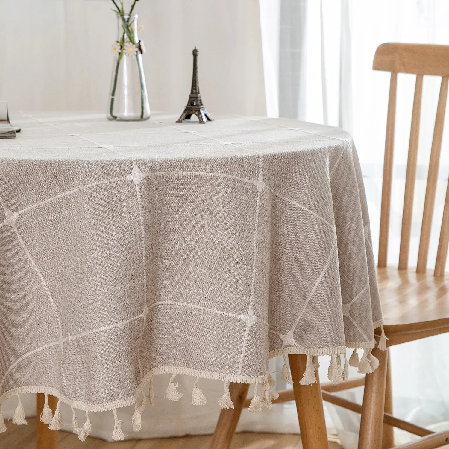 Solid Embroidery Lattice Tablecloth Cotton Linen Dust-Proof Checkered Table Cover for Kitchen Dinning Tabletop Decoration