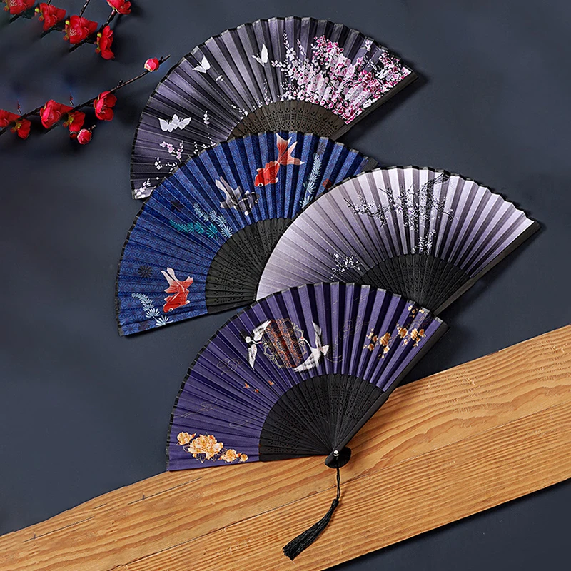 1pc Vintage Silk Folding Fan Chinese Japanese Art Crafts Gift Home Decorations Dance Hand Fan Bamboo Fans Photo Props