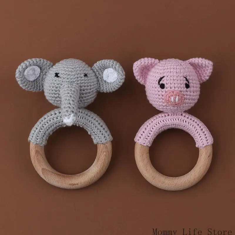

Cotton Thread Crochet Animal Rattle Knitted Hand Baby Teether Wooden Ring
