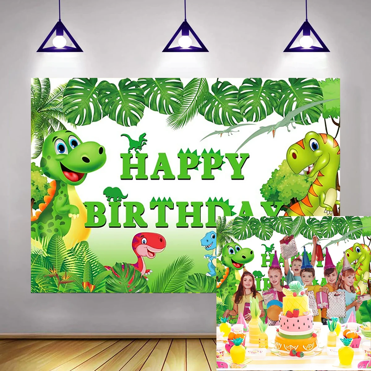 Green Leaves Dinosaur Theme Backdrop Happy Birthday Kids Photography Decoration Welcome Jurassic Child Show Exhibition Banner