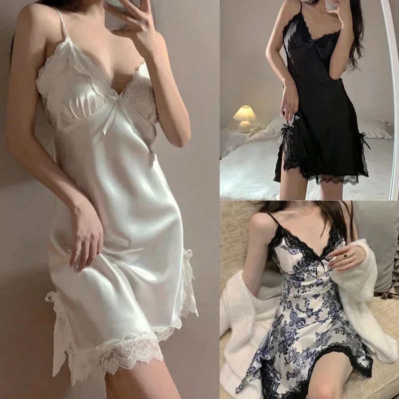 Nightdresses Women Sexy Halter Lace V-neck Sleepwear Female Sleeveless Nightwear Hot Erotic Sleep Nightdress For Ladies