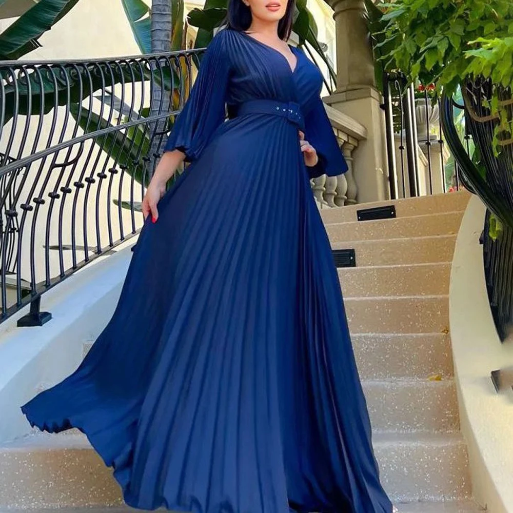 

Luxury Pleated Dresses for Women V Neck Full Sleeve Belt Waisted Floor Length High Quality Elegant Female Birthday Party Dress