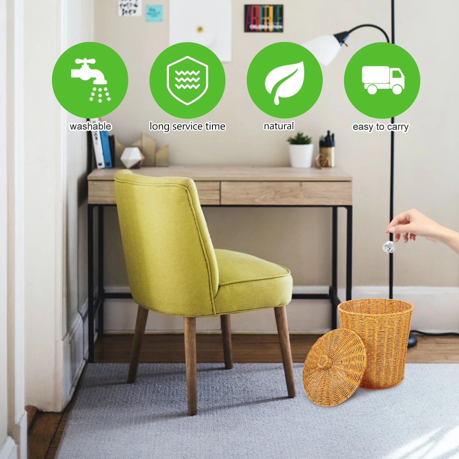 

Rustic Waste Bin Pp Woven Basket Trash Can For Home Storage Organizer Multi-Function Sundries Holder Plastic Container