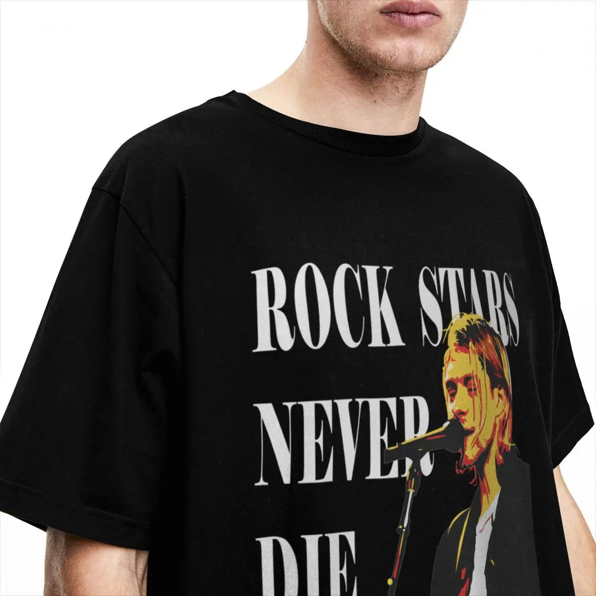 Kurt Cobain Rock Stars Never Die Men Women T Shirt Merch Vintage Tees Short Sleeve T-Shirts Pure Cotton Graphic Printing Clothes