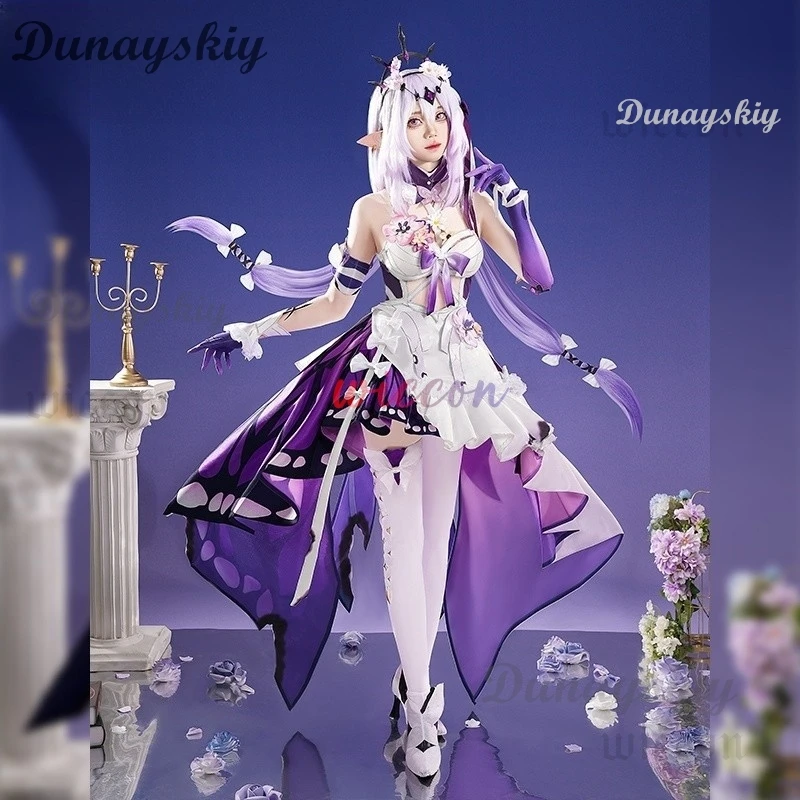 

Game Honkai Star Rail Castorice Cosplay Costume Dress Long Wig Headwear Butterfly Props Halloween Party Con Dress for Women Girl