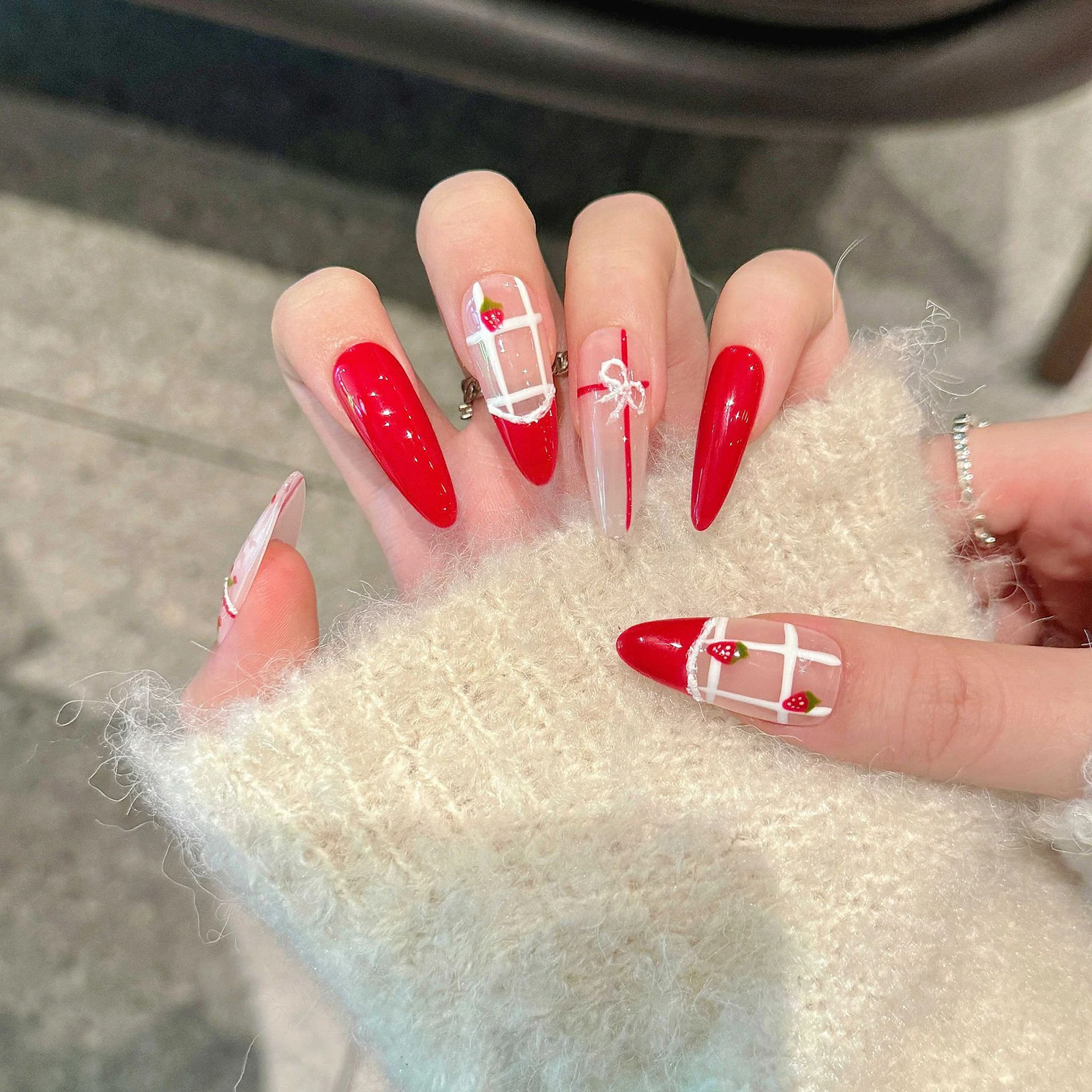 

10pcs Handmade Long Almond Press On Nails with 3D Red Strawberry Design Red French False Nail Tips Detachable Fashion Fake Nails
