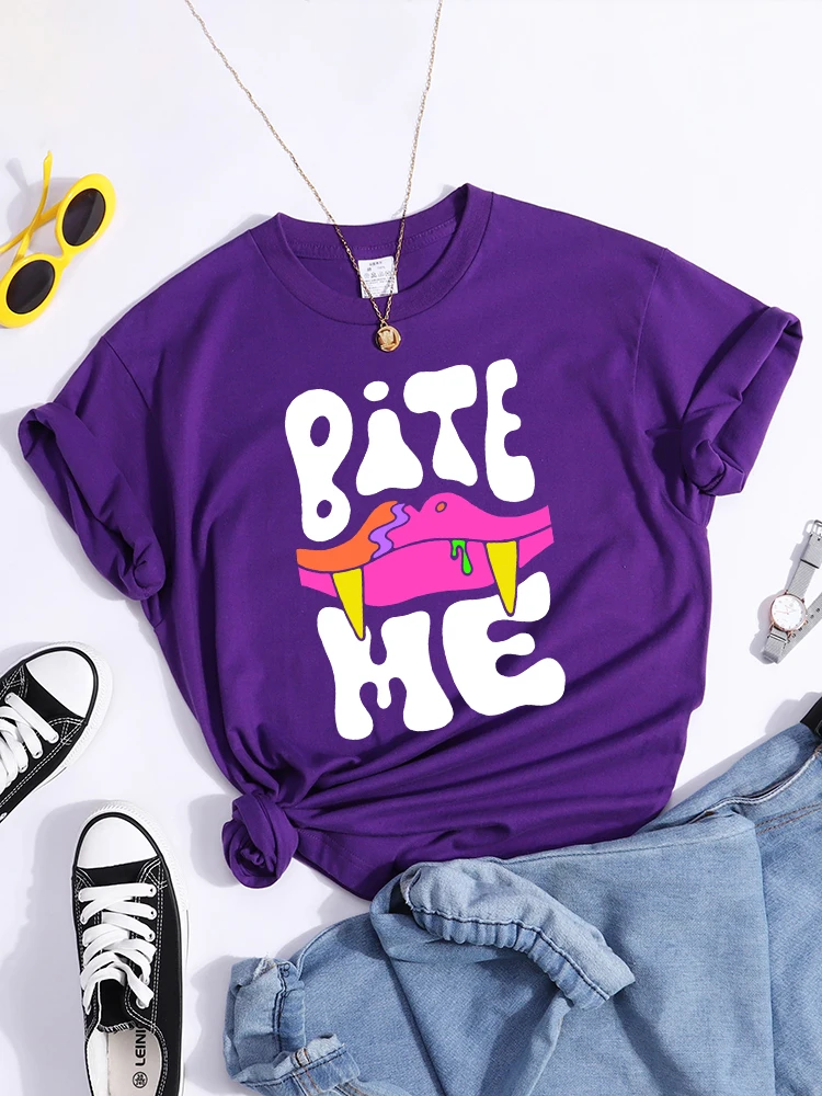 Bite Me Vampire Fangs Printed T-Shirt Women Summer Comfortable T Shirts Cute Harajuku Short Sleeve Quality Casual Tshirt Female