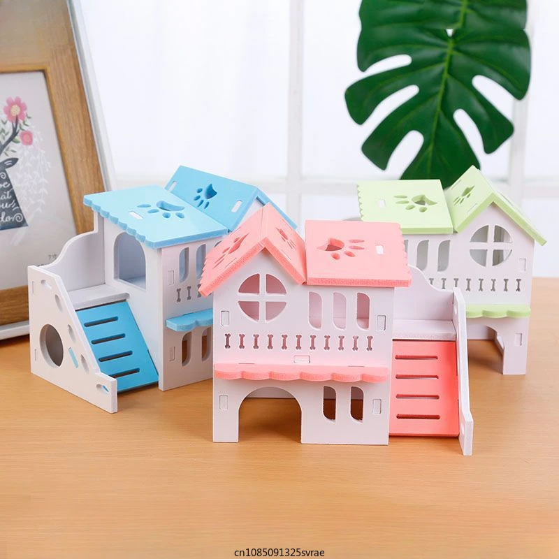 Wooden Hamster Hideout House Pet DIY Hideout Hut Toy Double-storey Pet Hut Play Toy Small Animal Supplies Cages Accessories