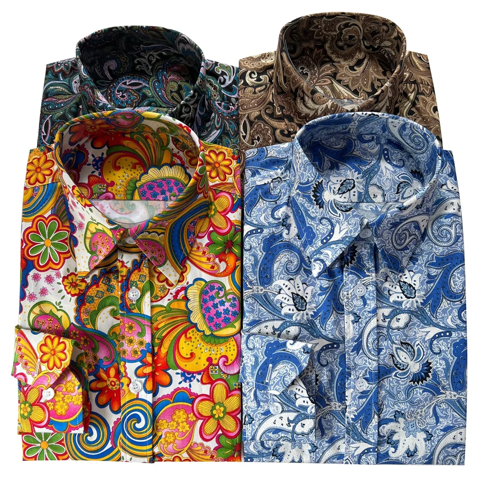 Casual Floral Dress Shirts Custom Made  Long Sleeve Blue White Patterned Dress Shirts, Tailored Flowered Mens Shirts 2020