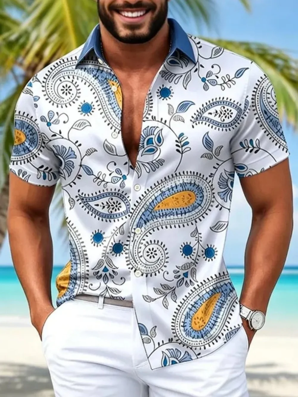 New Paisley cashew flower and floral print contrasting color blue collar men's casual short sleeved shirt clothing