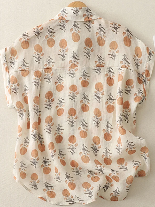 Retro Print ort Sve Damska Letnia Artystyczna Luźna Koszula z Lnu Rozpinana Modna Oddychająca