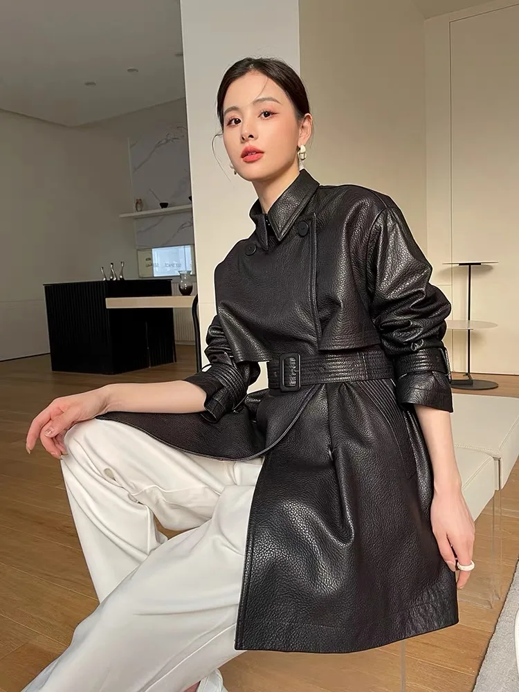 سترة واقية كلاسيكية مستوردة من الجلد للنساء شتاء 100% معطف متوسط الطول من جلد الغنم مع حزام Sobretudo Feminino طية صدر السترة