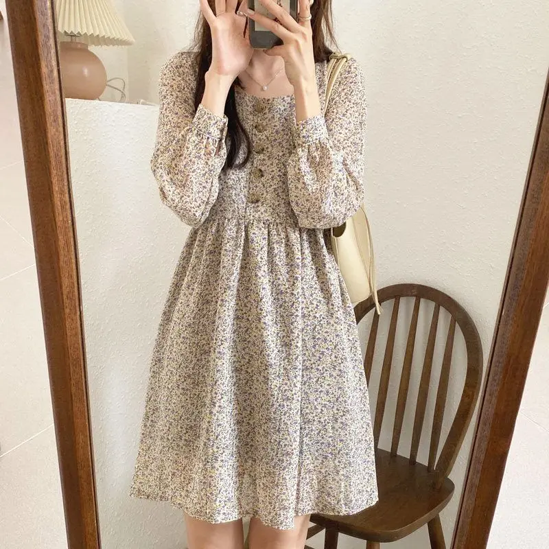 

2026 Spring Long Sleeve Print Square Collar Dress for Women Korean Women Korean Slim Fit and Slimming Temperament Elegant Dress