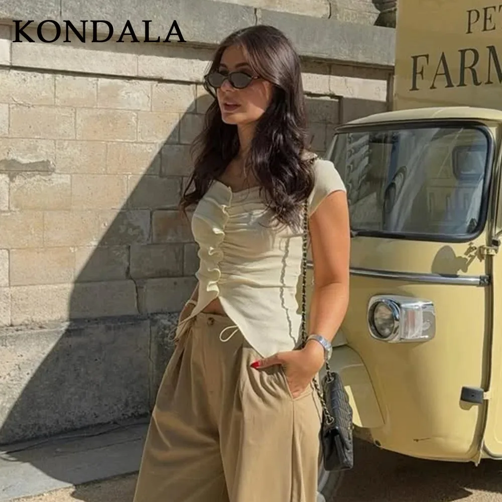 

KONDALA 2025 Spring Summer Streetwear Butter Yellow Women Shirts Fashion Solid Folds Single Breasted Raglan Sleeve Ladies Shirts